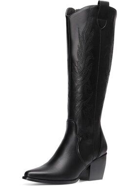 Women's Black Cowboy Knee High Boots Classic Western Riding Boots